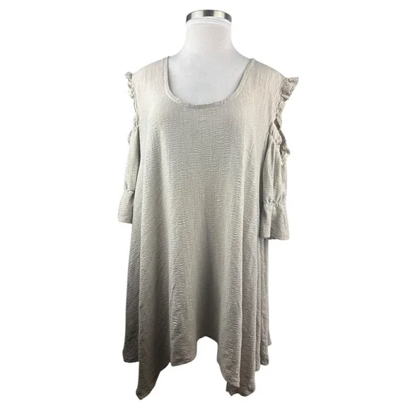 Farmhouse Frocks Cold Shoulder Lagonlook Oversized Tunic Top Tan Plus Size XXXL - Picture 14 of 16